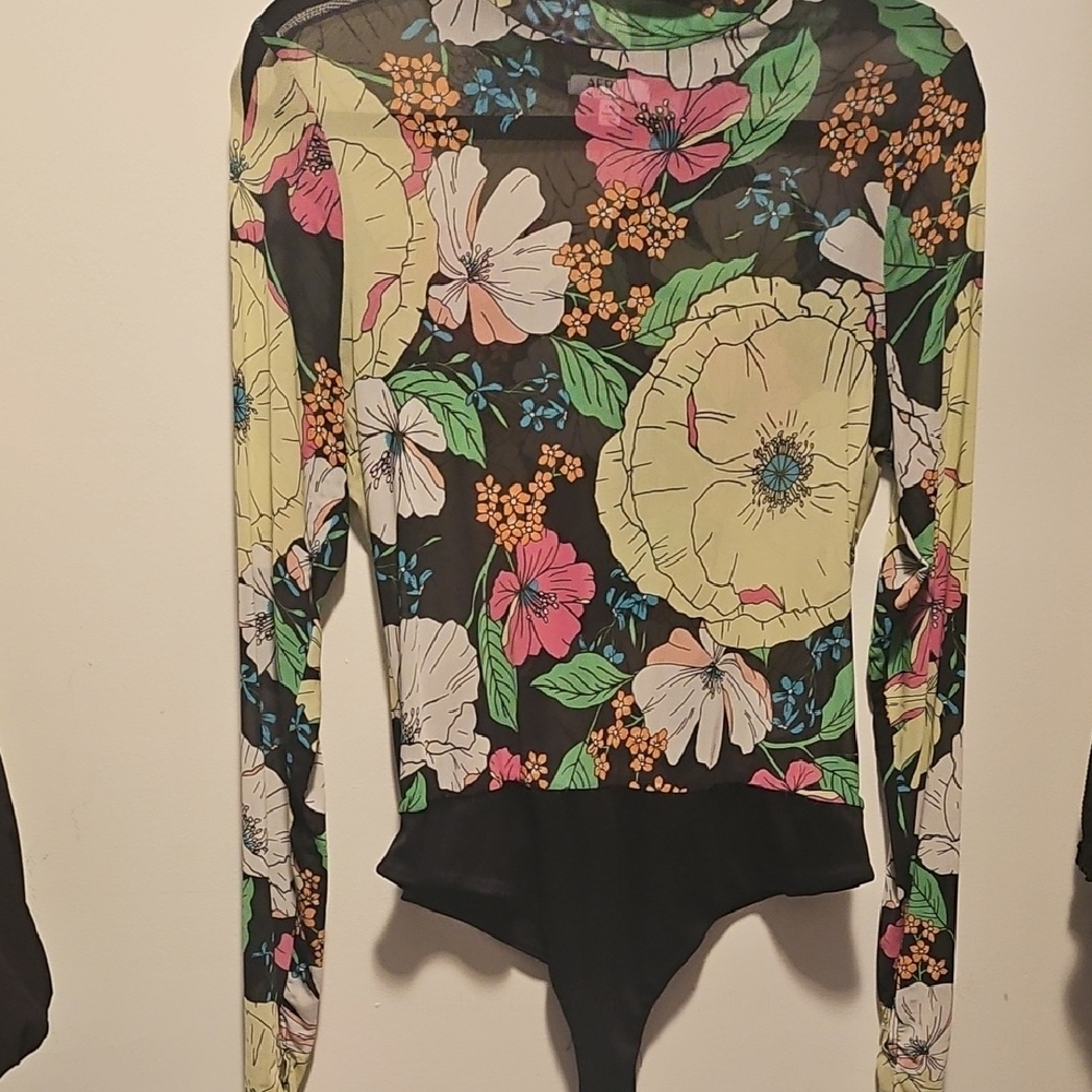 AFRM Fitted Asymmetrical Long Sleeve Bodysuit in Pink and Green